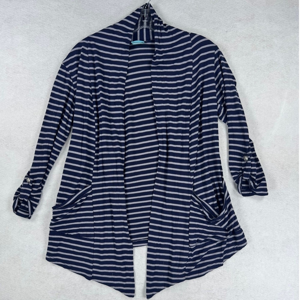 H.I.P. Navy‎ Blue Grey Striped Open Front Cardigan Sharkbite Hem Pockets Medium